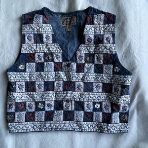Patchwork Floral Denim Vest Womens Large Blue Button Front Embroidered Boho